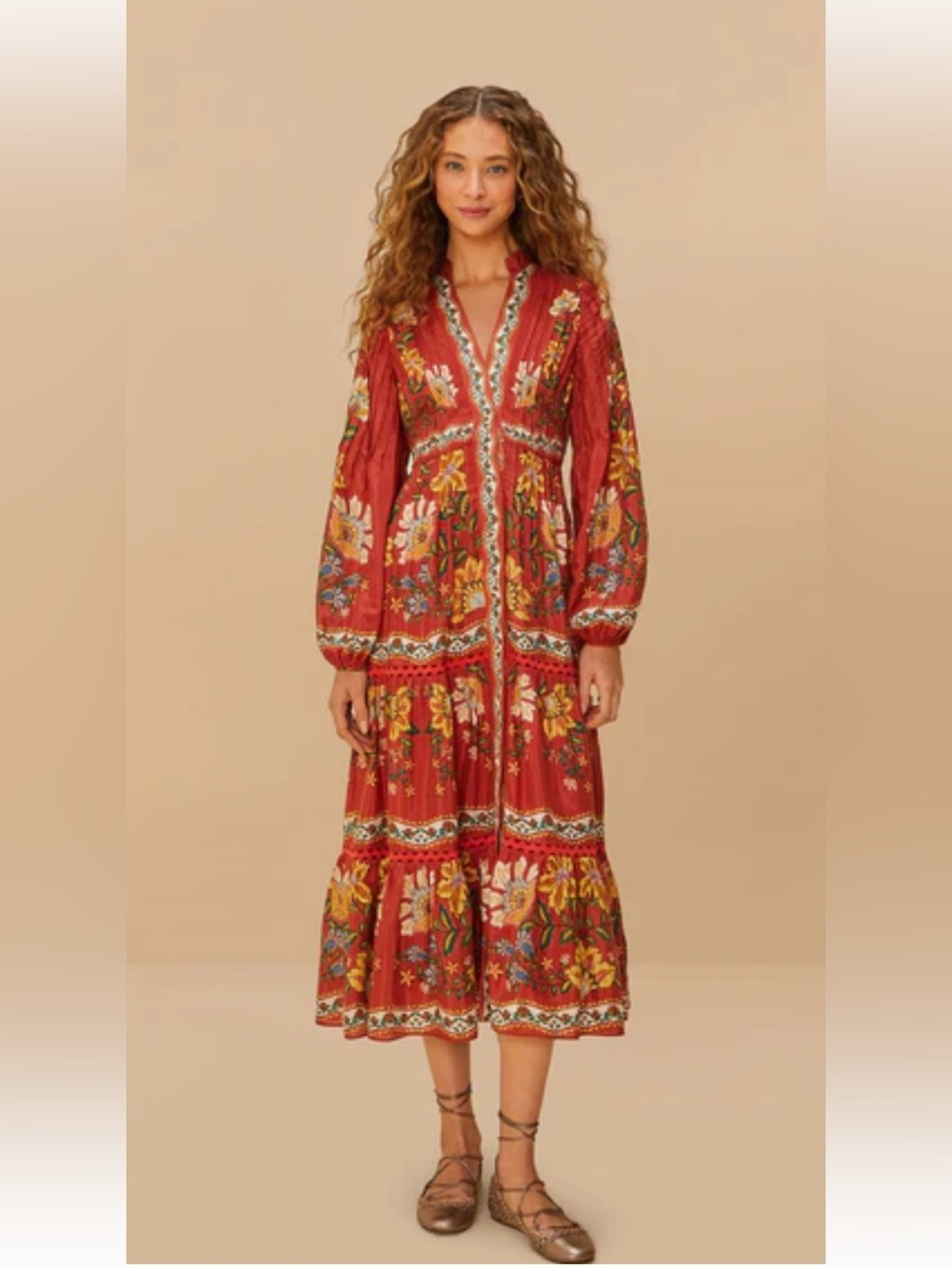 FARM Rio Red Garden Delight Long Sleeve Midi Dress Rust Floral Med V-Neck Tiered